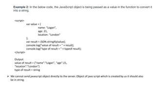 Example 2: In the below code, the JavaScript object is being passed as a value in the function to convert it
into a string.
<script>
var value = {
name: "Logan",
age: 21,
location: "London"
};
var result = JSON.stringify(value);
console.log("value of result = " + result);
console.log("type of result = " + typeof result);
</script>
Output:
value of result = {"name":"Logan", "age":21,
"location":"London"}
type of result = string
 We cannot send javascript object directly to the server. Object of java script which is created by us it should also
be in string.
 