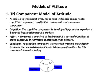 Models of Attitude
1. Tri-Component Model of Attitude
• According to this model, attitudes consist of 3 major components:
cognitive component, an affective component, and a conative
component.
• Cognition: The cognitive component is developed by previous experience
& related information about a product.
• Affect: A consumer’s emotions or feeling about a particular product or
brand constitute the affective component of an attitude.
• Conation: The conative component is concerned with the likelihood or
tendency that an individual will undertake a specific action. Ex: It is
consumer’s intention to buy.
Conation
Cognition
Affect
 