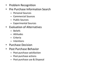 • Problem Recognition
• Pre Purchase Information Search
– Personal Sources
– Commercial Sources
– Public Sources
– Experimental Sources
• Evaluation of Alternatives
– Beliefs
– Attitudes
– Criteria
– Intentions
• Purchase Decision
• Post Purchase Behavior
– Post purchase satisfaction
– Post purchase actions
– Post purchase use & Disposal
 