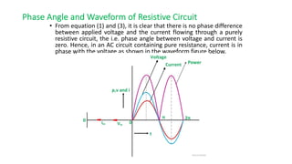 Phase Angle and Waveform of Resistive Circuit
• From equation (1) and (3), it is clear that there is no phase difference
between applied voltage and the current flowing through a purely
resistive circuit, the i.e. phase angle between voltage and current is
zero. Hence, in an AC circuit containing pure resistance, current is in
phase with the voltage as shown in the waveform figure below.
 