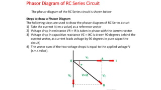 Phasor Diagram of RC Series Circuit
The phasor diagram of the RC Series circuit is shown below
Steps to draw a Phasor Diagram
The following steps are used to draw the phasor diagram of RC Series circuit
1) Take the current I (r.m.s value) as a reference vector
2) Voltage drop in resistance VR = IR is taken in phase with the current vector
3) Voltage drop in capacitive reactance VC = IXC is drawn 90 degrees behind the
current vector, as current leads voltage by 90 degrees in pure capacitive
circuit)
4) The vector sum of the two voltage drops is equal to the applied voltage V
(r.m.s value).
 