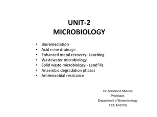 UNIT-2
MICROBIOLOGY
• Bioremediation
• Acid mine drainage
• Enhanced metal recovery- Leaching
• Wastewater microbiology
• Solid waste microbiology - Landfills
• Anaerobic degradation phases
• Antimicrobial resistance
Dr. Abhilasha Shourie
Professor,
Department of Biotechnology
FET, MRIIRS
 