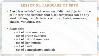 Set Language Maths Comprehensive Guide to Mathematical Language and Set Theory Concepts | PDF