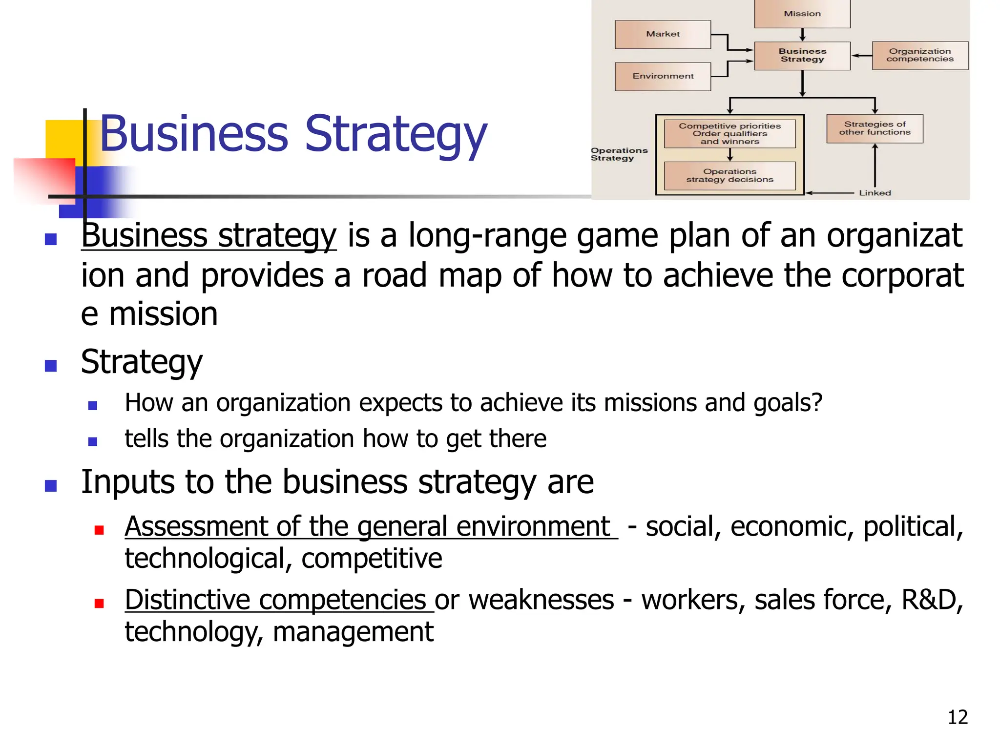Business Strategy
 Business strategy is a long-range game plan of an organizat
ion and provides a road map of how to achieve the corporat
e mission
 Strategy
 How an organization expects to achieve its missions and goals?
 tells the organization how to get there
 Inputs to the business strategy are
 Assessment of the general environment - social, economic, political,
technological, competitive
 Distinctive competencies or weaknesses - workers, sales force, R&D,
technology, management
12
 