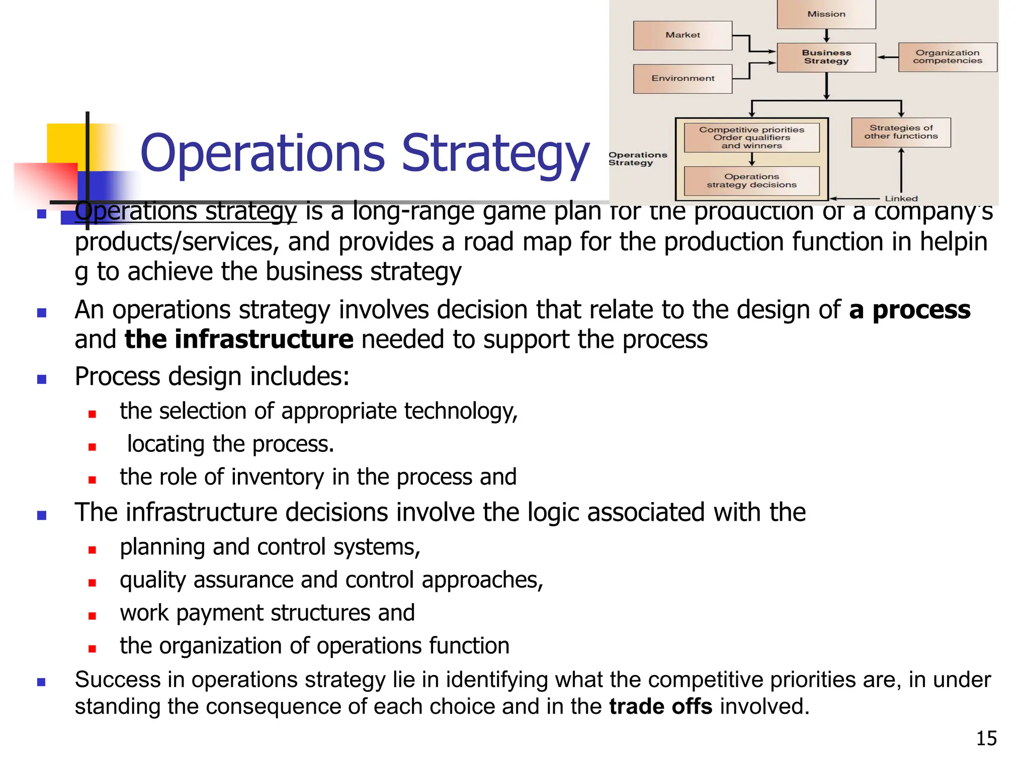 Operations Strategy
 Operations strategy is a long-range game plan for the production of a company’s
products/services, and provides a road map for the production function in helpin
g to achieve the business strategy
 An operations strategy involves decision that relate to the design of a process
and the infrastructure needed to support the process
 Process design includes:
 the selection of appropriate technology,
 locating the process.
 the role of inventory in the process and
 The infrastructure decisions involve the logic associated with the
 planning and control systems,
 quality assurance and control approaches,
 work payment structures and
 the organization of operations function
 Success in operations strategy lie in identifying what the competitive priorities are, in under
standing the consequence of each choice and in the trade offs involved.
15
 