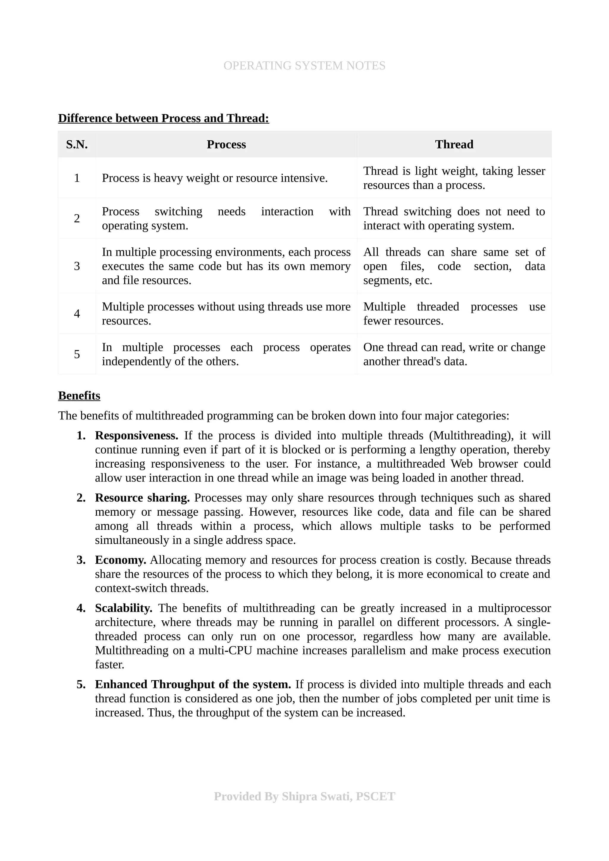 OPERATING SYSTEM NOTES
Difference between Process and Thread:
S.N. Process Thread
1 Process is heavy weight or resource intensive.
Thread is light weight, taking lesser
resources than a process.
2
Process switching needs interaction with
operating system.
Thread switching does not need to
interact with operating system.
3
In multiple processing environments, each process
executes the same code but has its own memory
and file resources.
All threads can share same set of
open files, code section, data
segments, etc.
4
Multiple processes without using threads use more
resources.
Multiple threaded processes use
fewer resources.
5
In multiple processes each process operates
independently of the others.
One thread can read, write or change
another thread's data.
Benefits
The benefits of multithreaded programming can be broken down into four major categories:
1. Responsiveness. If the process is divided into multiple threads (Multithreading), it will
continue running even if part of it is blocked or is performing a lengthy operation, thereby
increasing responsiveness to the user. For instance, a multithreaded Web browser could
allow user interaction in one thread while an image was being loaded in another thread.
2. Resource sharing. Processes may only share resources through techniques such as shared
memory or message passing. However, resources like code, data and file can be shared
among all threads within a process, which allows multiple tasks to be performed
simultaneously in a single address space.
3. Economy. Allocating memory and resources for process creation is costly. Because threads
share the resources of the process to which they belong, it is more economical to create and
context-switch threads.
4. Scalability. The benefits of multithreading can be greatly increased in a multiprocessor
architecture, where threads may be running in parallel on different processors. A single-
threaded process can only run on one processor, regardless how many are available.
Multithreading on a multi-CPU machine increases parallelism and make process execution
faster.
5. Enhanced Throughput of the system. If process is divided into multiple threads and each
thread function is considered as one job, then the number of jobs completed per unit time is
increased. Thus, the throughput of the system can be increased.
Provided By Shipra Swati, PSCET
 