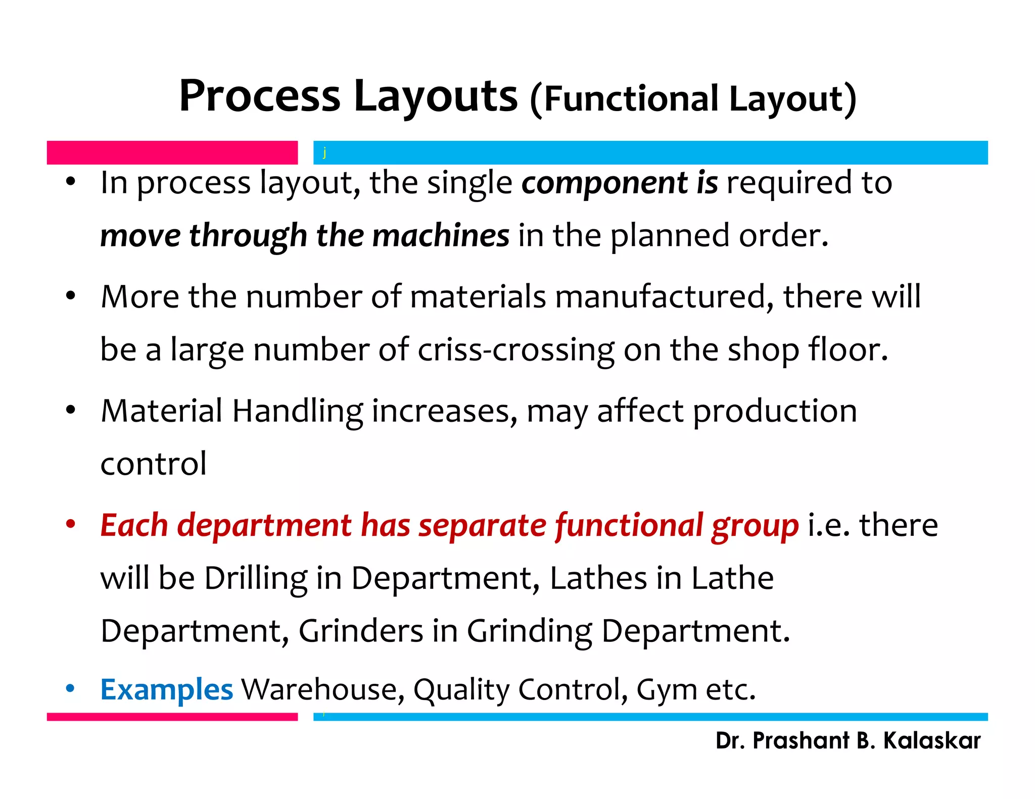 Process Layouts (Functional Layout)
• In process layout, the single component is required to
move through the machines in the planned order.
• More the number of materials manufactured, there will
be a large number of criss-crossing on the shop floor.
• Material Handling increases, may affect production
control
• Each department has separate functional group i.e. there
will be Drilling in Department, Lathes in Lathe
Department, Grinders in Grinding Department.
• Examples Warehouse, Quality Control, Gym etc.
j
Dr. Prashant B. Kalaskar
j
 