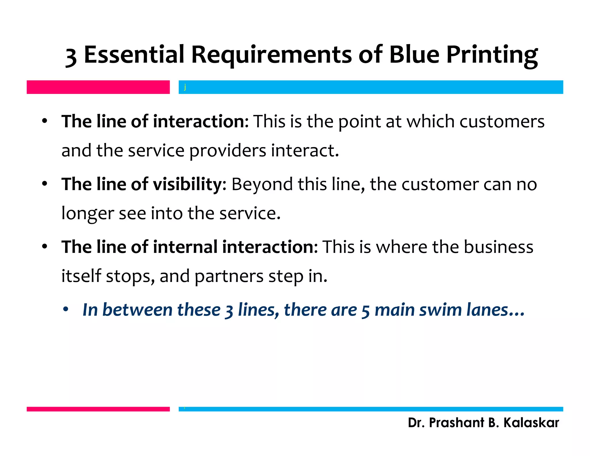 3 Essential Requirements of Blue Printing
• The line of interaction: This is the point at which customers
and the service providers interact.
• The line of visibility: Beyond this line, the customer can no
longer see into the service.
• The line of internal interaction: This is where the business
itself stops, and partners step in.
• In between these 3 lines, there are 5 main swim lanes…
j
Dr. Prashant B. Kalaskar
j
 
