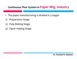 Continuous Flow System in Paper Mfg. Industry
• The paper manufacturing is divided in 3 stages
1) Preparatory Stage
2) Pulp Making Stage
3) Paper making Stage
j
Dr. Prashant B. Kalaskar
j
 