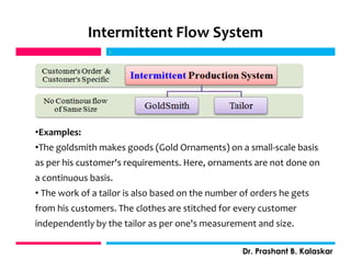 Intermittent Flow System
j
Dr. Prashant B. Kalaskar
j
•Examples:
•The goldsmith makes goods (Gold Ornaments) on a small-scale basis
as per his customer's requirements. Here, ornaments are not done on
a continuous basis.
• The work of a tailor is also based on the number of orders he gets
from his customers. The clothes are stitched for every customer
independently by the tailor as per one's measurement and size.
 