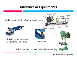 Machines or Equipments
j
Dr. Prashant B. Kalaskar
j
Lathe: a machine for shaping wood, metal
Drill: a machine produce (a hole) in something
Grinder: a machine used
for grinding something Punch Press
 