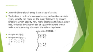 string letters[2][2][2] = {
{
{ "A", "B" },
{ "C", "D" }
},
{
{ "E", "F" },
{ "G", "H" }
}
};
Multi-Dimensional Arrays
 A multi-dimensional array is an array of arrays.
 To declare a multi-dimensional array, define the variable
type, specify the name of the array followed by square
brackets which specify how many elements the main array
has, followed by another set of square brackets which
indicates how many elements the sub-arrays have.
 string letters[2][4];
 string letters[2][4] = {
{ "A", "B", "C", "D" },
{ "E", "F", "G", "H" }
};
 
