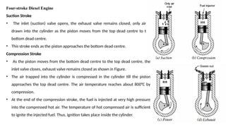 Four-stroke Diesel Engine
Suction Stroke
• The inlet (suction) valve opens, the exhaust valve remains closed, only air is
drawn into the cylinder as the piston moves from the top dead centre to the
bottom dead centre.
• This stroke ends as the piston approaches the bottom dead centre.
Compression Stroke
• As the piston moves from the bottom dead centre to the top dead centre, the
inlet valve closes, exhaust valve remains closed as shown in Figure.
• The air trapped into the cylinder is compressed in the cylinder till the piston
approaches the top dead centre. The air temperature reaches about 800°C by
compression.
• At the end of the compression stroke, the fuel is injected at very high pressure
into the compressed hot air. The temperature of hot compressed air is sufficient
to ignite the injected fuel. Thus, ignition takes place inside the cylinder.
 