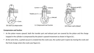Compression and Suction
• As the piston moves upward, both the transfer port and exhaust port are covered by the piston and the charge
trapped in the cylinder is compressed by the piston's upward movement as shown in Figure (b ).
• At the same time, a partial vacuum is created into the crank case, the suction port S opens by moving the crank and
the fresh charge enters the crank case Figure (c).
 