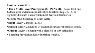 How to Learn XOR
• Use a Multi-Layer Perceptron (MLP):An MLP has at least one
hidden layer and nonlinear activation functions (e.g., ReLU or
sigmoid).This lets it create nonlinear decision boundaries.
•Simple MLP Structure to Learn XOR
•Input Layer: 2 inputs (x , x ),
₁ ₂
•Hidden Layer: 2 neurons with a nonlinear activation(likesigmoid)
•Output Layer: 1 neuron with a sigmoid or step activation
• Learning ProcessRandomly initialize weights.
 