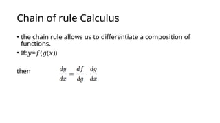 Chain of rule Calculus
• the chain rule allows us to differentiate a composition of
functions.
• If: = ( ( ))
𝑦 𝑓 𝑔 𝑥
then
 
