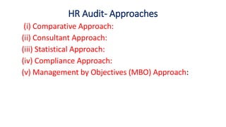 HR Audit- Approaches
(i) Comparative Approach:
(ii) Consultant Approach:
(iii) Statistical Approach:
(iv) Compliance Approach:
(v) Management by Objectives (MBO) Approach:
 