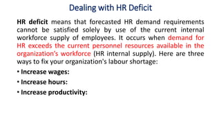 Dealing with HR Deficit
HR deficit means that forecasted HR demand requirements
cannot be satisfied solely by use of the current internal
workforce supply of employees. It occurs when demand for
HR exceeds the current personnel resources available in the
organization’s workforce (HR internal supply). Here are three
ways to fix your organization's labour shortage:
• Increase wages:
• Increase hours:
• Increase productivity:
 