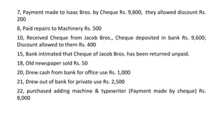 7, Payment made to Isaac Bros. by Cheque Rs. 9,800, they allowed discount Rs.
200
8, Paid repairs to Machinery Rs. 500
10, Received Cheque from Jacob Bros., Cheque deposited in bank Rs. 9,600;
Discount allowed to them Rs. 400
15, Bank intimated that Cheque of Jacob Bros. has been returned unpaid.
18, Old newspaper sold Rs. 50
20, Drew cash from bank for office use Rs. 1,000
21, Drew out of bank for private use Rs. 2,500
22, purchased adding machine & typewriter (Payment made by cheque) Rs.
8,000
 