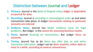 Distinction between Journal and Ledger
1. Primacy: Journal is the book of Original entry; ledger is dependent
on journal for data.
2. Recording: Journal is recording in chronological order as and when
transactions take place. In ledger transactions relating to particular
accounts are entered.
3. Evidence Value: Journal has better evidence value for legal
problems. But ledger is the source for assessing business results.
4. Focus: Journal focusing on transactions. But Ledger focus on
accounts.
5. Timing: Journal has to be done day after day, as and when
transaction take place. Ledger can be done anytime, either daily or
once in a while, according to need or convenience.
 