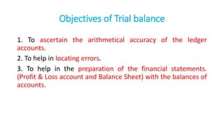 Objectives of Trial balance
1. To ascertain the arithmetical accuracy of the ledger
accounts.
2. To help in locating errors.
3. To help in the preparation of the financial statements.
(Profit & Loss account and Balance Sheet) with the balances of
accounts.
 