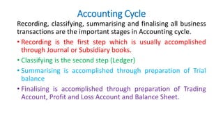 Accounting Cycle
Recording, classifying, summarising and finalising all business
transactions are the important stages in Accounting cycle.
• Recording is the first step which is usually accomplished
through Journal or Subsidiary books.
• Classifying is the second step (Ledger)
• Summarising is accomplished through preparation of Trial
balance
• Finalising is accomplished through preparation of Trading
Account, Profit and Loss Account and Balance Sheet.
 
