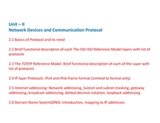 Unit – II
Network Devices and Communication Protocol
2.1 Basics of Protocol and its need
2.2 Brief functional description of each The OSI-ISO Reference Model layers with list of
protocols
2.3 The TCP/IP Reference Model: Brief functional description of each of the Layer with2.3 The TCP/IP Reference Model: Brief functional description of each of the Layer with
list of protocols
2.4 IP layer Protocols: IPv4 and IPv6 frame Format (Limited to format only)
2.5 Internet addressing: Network addressing, Subnet and subnet masking, gateway
addressing, broadcast addressing, dotted decimal notation, loopback addressing
2.6 Domain Name System(DNS): Introduction, mapping to IP addresses
 