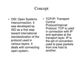 Concept
• OSI: Open Systems
Interconnection. It
was developed by
ISO as a first step
toward international
• TCP/IP: Transport
Control
Protocol/Internet
Protocol. TCP is used
in connection with IP
toward international
standardization of the
protocol used in
various layers. It
deals with connecting
open system..
in connection with IP
and operates at the
transport layer. IP is
the set of convention
used to pass packets
from one host to
another.
 