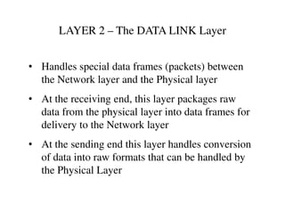 LAYER 2 – The DATA LINK Layer
• Handles special data frames (packets) between
the Network layer and the Physical layer
• At the receiving end, this layer packages raw
data from the physical layer into data frames fordata from the physical layer into data frames for
delivery to the Network layer
• At the sending end this layer handles conversion
of data into raw formats that can be handled by
the Physical Layer
 