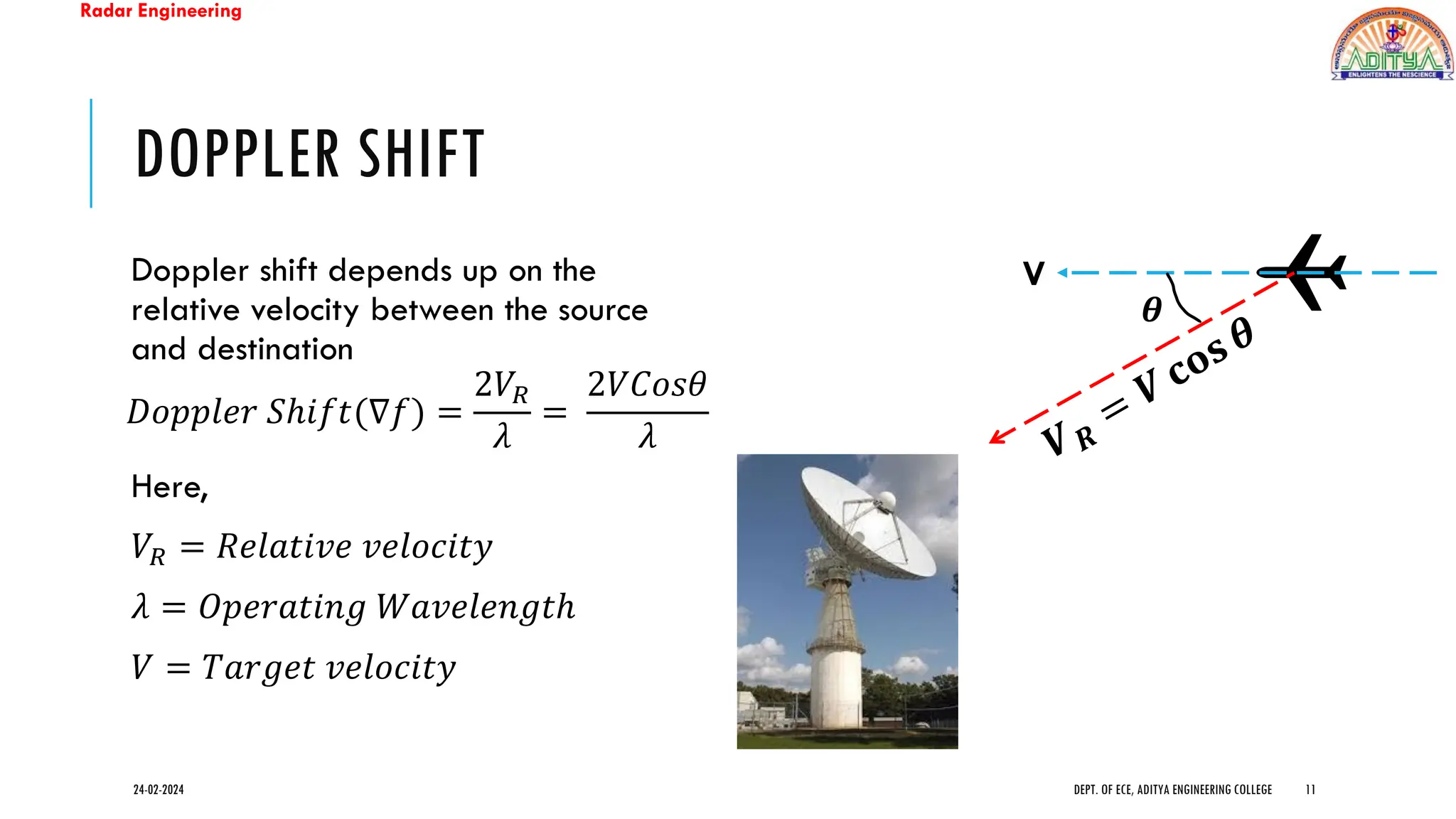 Radar Engineering
DOPPLER SHIFT
Doppler shift depends up on the
relative velocity between the source
and destination
𝐷𝑜𝑝𝑝𝑙𝑒𝑟 𝑆ℎ𝑖𝑓𝑡(∇𝑓) =
2𝑉𝑅
𝜆
=
2𝑉𝐶𝑜𝑠𝜃
𝜆
Here,
𝑉𝑅 = 𝑅𝑒𝑙𝑎𝑡𝑖𝑣𝑒 𝑣𝑒𝑙𝑜𝑐𝑖𝑡𝑦
𝜆 = 𝑂𝑝𝑒𝑟𝑎𝑡𝑖𝑛𝑔 𝑊𝑎𝑣𝑒𝑙𝑒𝑛𝑔𝑡ℎ
𝑉 = 𝑇𝑎𝑟𝑔𝑒𝑡 𝑣𝑒𝑙𝑜𝑐𝑖𝑡𝑦
24-02-2024 DEPT. OF ECE, ADITYA ENGINEERING COLLEGE 11
V
𝜽
 