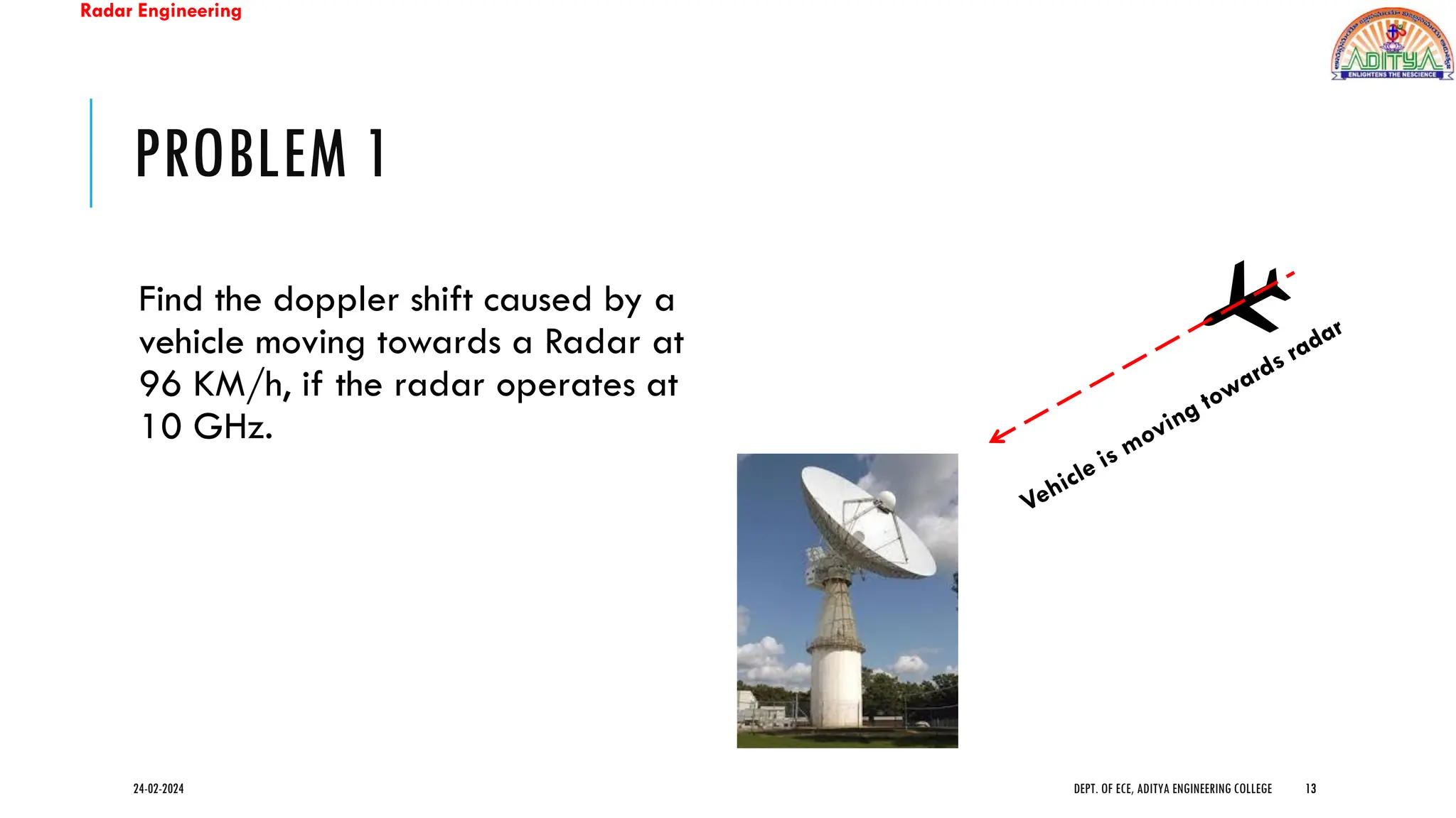 Radar Engineering
PROBLEM 1
Find the doppler shift caused by a
vehicle moving towards a Radar at
96 KM/h, if the radar operates at
10 GHz.
24-02-2024 DEPT. OF ECE, ADITYA ENGINEERING COLLEGE 13
13
 