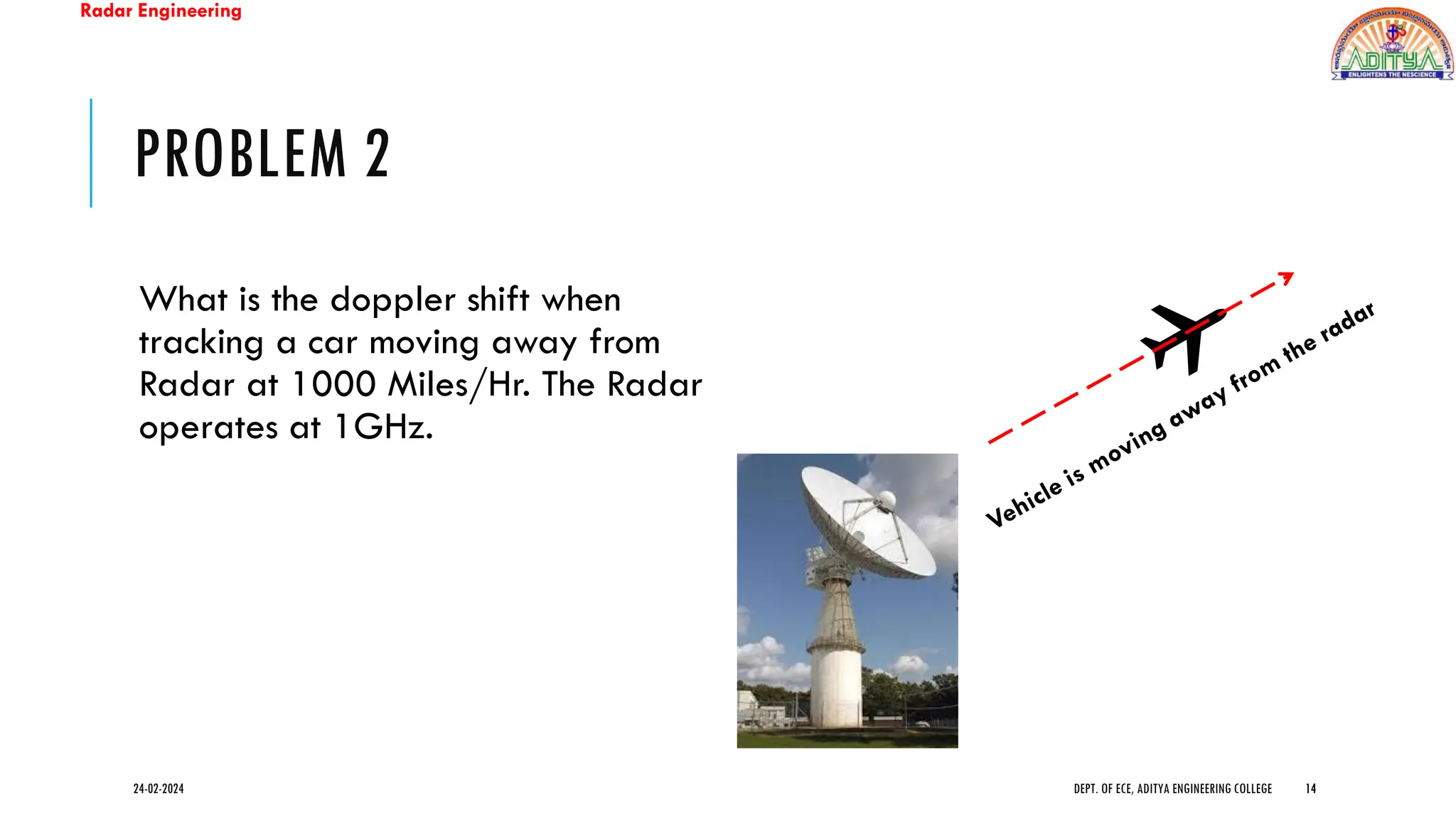 Radar Engineering
PROBLEM 2
What is the doppler shift when
tracking a car moving away from
Radar at 1000 Miles/Hr. The Radar
operates at 1GHz.
24-02-2024 DEPT. OF ECE, ADITYA ENGINEERING COLLEGE 14
14
 