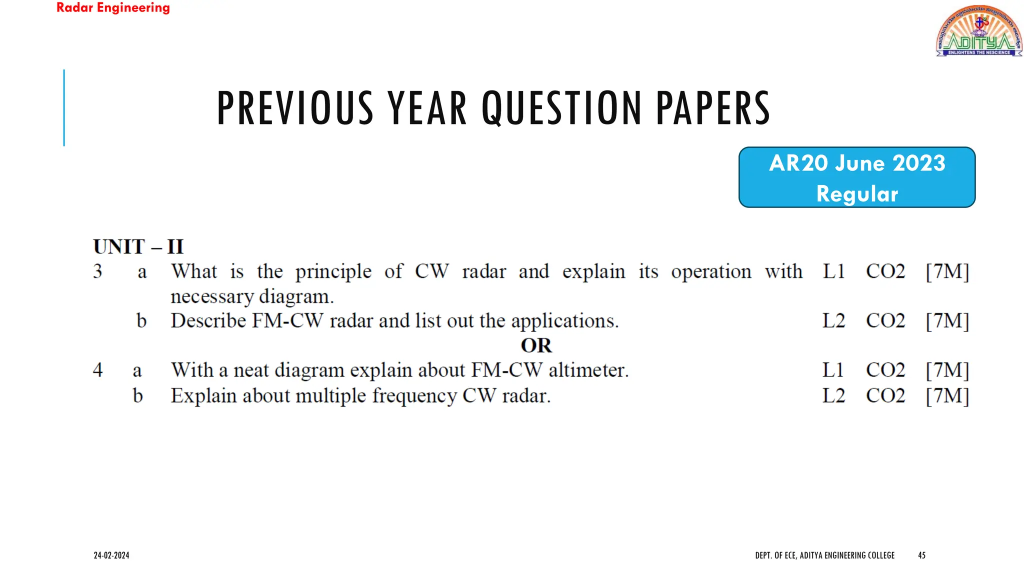 Radar Engineering
PREVIOUS YEAR QUESTION PAPERS
24-02-2024 DEPT. OF ECE, ADITYA ENGINEERING COLLEGE 45
AR20 June 2023
Regular
 