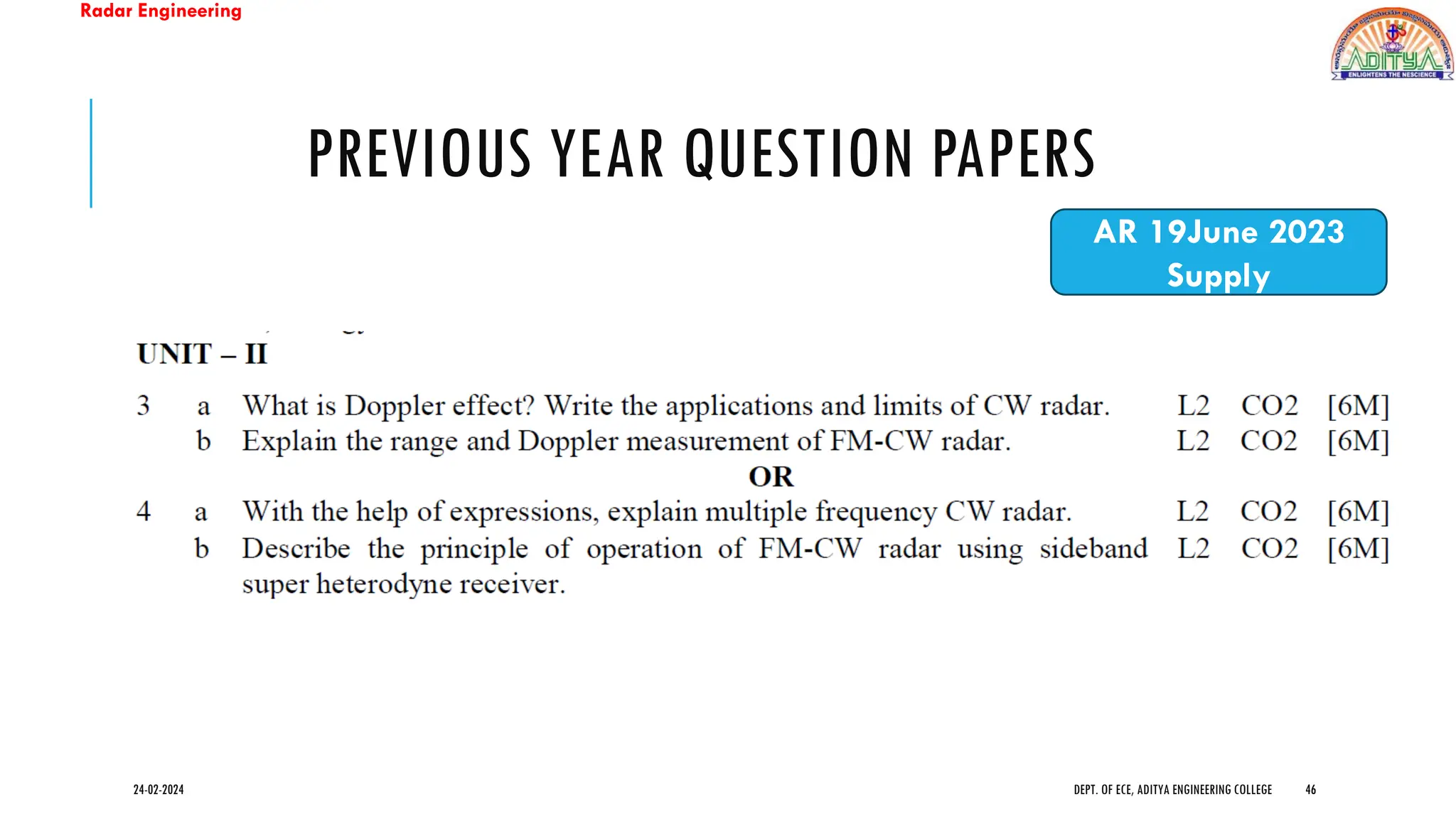 Radar Engineering
PREVIOUS YEAR QUESTION PAPERS
24-02-2024 DEPT. OF ECE, ADITYA ENGINEERING COLLEGE 46
AR 19June 2023
Supply
 