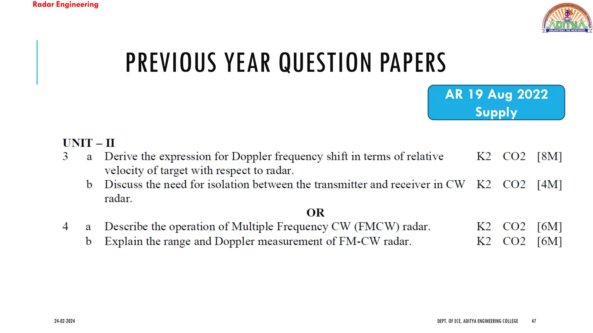 Radar Engineering
PREVIOUS YEAR QUESTION PAPERS
24-02-2024 DEPT. OF ECE, ADITYA ENGINEERING COLLEGE 47
AR 19 Aug 2022
Supply
 