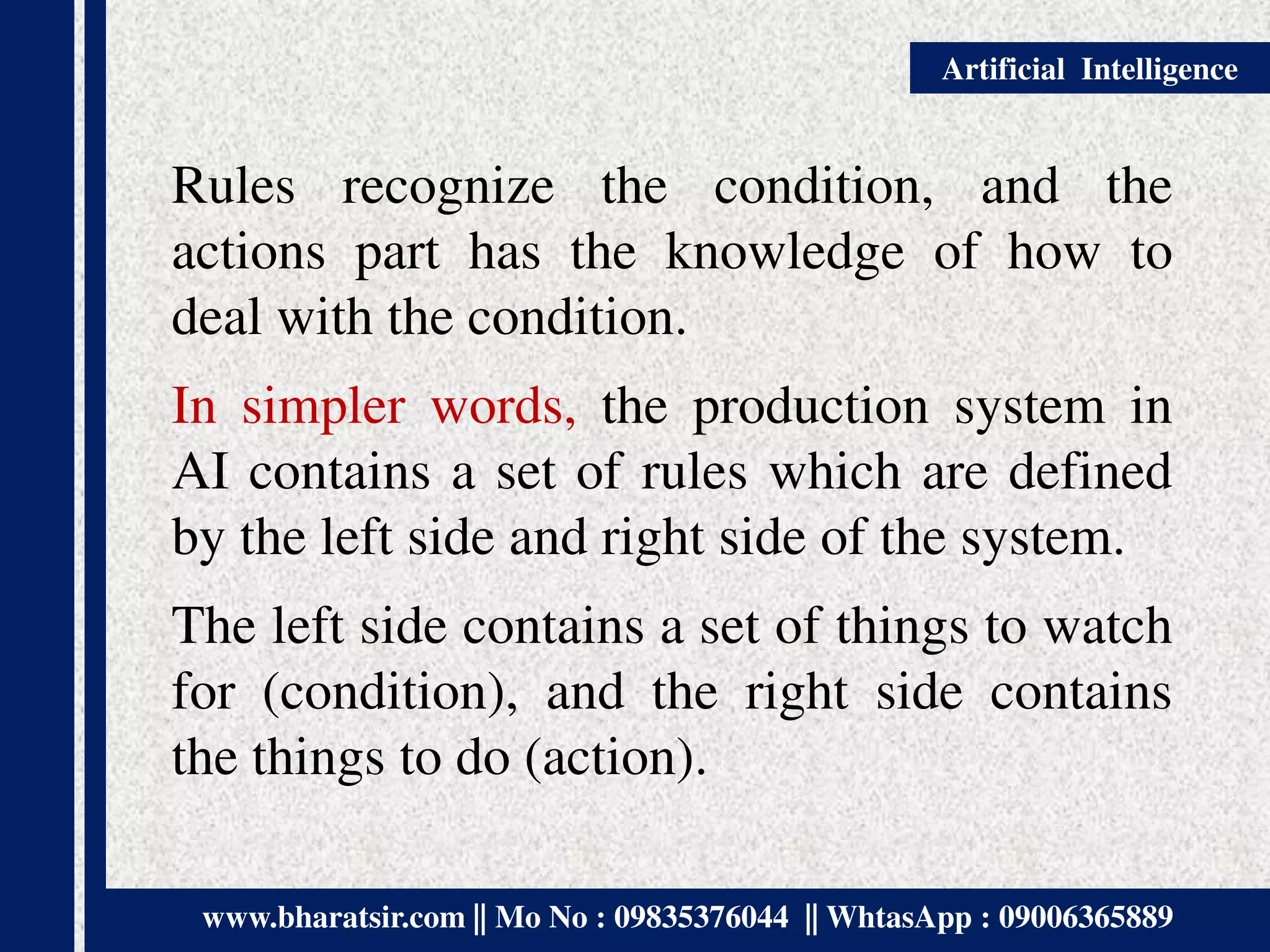www.bharatsir.com || Mo No : 09835376044 || WhtasApp : 09006365889
Artificial Intelligence
Rules recognize the condition, and the
actions part has the knowledge of how to
deal with the condition.
In simpler words, the production system in
AI contains a set of rules which are defined
by the left side and right side of the system.
The left side contains a set of things to watch
for (condition), and the right side contains
the things to do (action).
 
