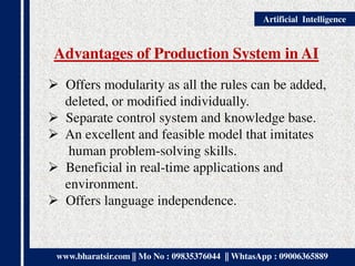 www.bharatsir.com || Mo No : 09835376044 || WhtasApp : 09006365889
Artificial Intelligence
Advantages of Production System in AI
 Offers modularity as all the rules can be added,
deleted, or modified individually.
 Separate control system and knowledge base.
 An excellent and feasible model that imitates
human problem-solving skills.
 Beneficial in real-time applications and
environment.
 Offers language independence.
 