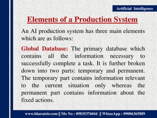 www.bharatsir.com || Mo No : 09835376044 || WhtasApp : 09006365889
Artificial Intelligence
Elements of a Production System
An AI production system has three main elements
which are as follows:
Global Database: The primary database which
contains all the information necessary to
successfully complete a task. It is further broken
down into two parts: temporary and permanent.
The temporary part contains information relevant
to the current situation only whereas the
permanent part contains information about the
fixed actions.
 