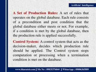 www.bharatsir.com || Mo No : 09835376044 || WhtasApp : 09006365889
Artificial Intelligence
A Set of Production Rules: A set of rules that
operates on the global database. Each rule consists
of a precondition and post condition that the
global database either meets or not. For example,
if a condition is met by the global database, then
the production rule is applied successfully.
Control System: A control system that acts as the
decision-maker, decides which production rule
should be applied. The Control system stops
computation or processing when a termination
condition is met on the database.
 