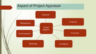 Financial
Technical
Management
Project
appraisa
l
Economic
Environmental
Marketing Ecological
Aspect of Project Appraisal
 