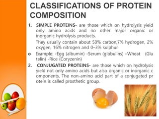 CLASSIFICATIONS OF PROTEIN
COMPOSITION
1. SIMPLE PROTEINS- are those which on hydrolysis yield
only amino acids and no other major organic or
inorganic hydrolysis products.
They usually contain about 50% carbon,7% hydrogen, 2%
oxygen, 16% nitrogen and 0–3% sulphur.
o Example: -Egg (albumin) -Serum (globulins) –Wheat (Glu
telin) -Rice (Coryzenin)
2. CONJUGATED PROTEINS- are those which on hydrolysis
yield not only amino acids but also organic or inorganic c
omponents. The non-amino acid part of a conjugated pr
otein is called prosthetic group.
 