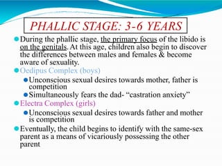 PHALLIC STAGE: 3-6 YEARS
⚫During the phallic stage, the primary focus of the libido is
on the genitals.At this age, children also begin to discover
the differences between males and females & become
aware of sexuality.
⚫Oedipus Complex (boys)
⚫Unconscious sexual desires towards mother, father is
competition
⚫Simultaneously fears the dad- “castration anxiety”
⚫Electra Complex (girls)
⚫Unconscious sexual desires towards father and mother
is competition
⚫Eventually, the child begins to identify with the same-sex
parent as a means of vicariously possessing the other
parent.
 