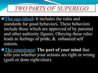 TWO PARTS OF SUPEREGO
⚫The ego ideal: It includes the rules and
standards for good behaviors. These behaviors
include those which are approved of by parental
and other authority figures. Obeying these rules
leads to feelings of pride, & enhanced self
esteem.
⚫The conscience: The part of your mind that
tells you whether your actions are right or wrong
(guilt or done right/clear).
 