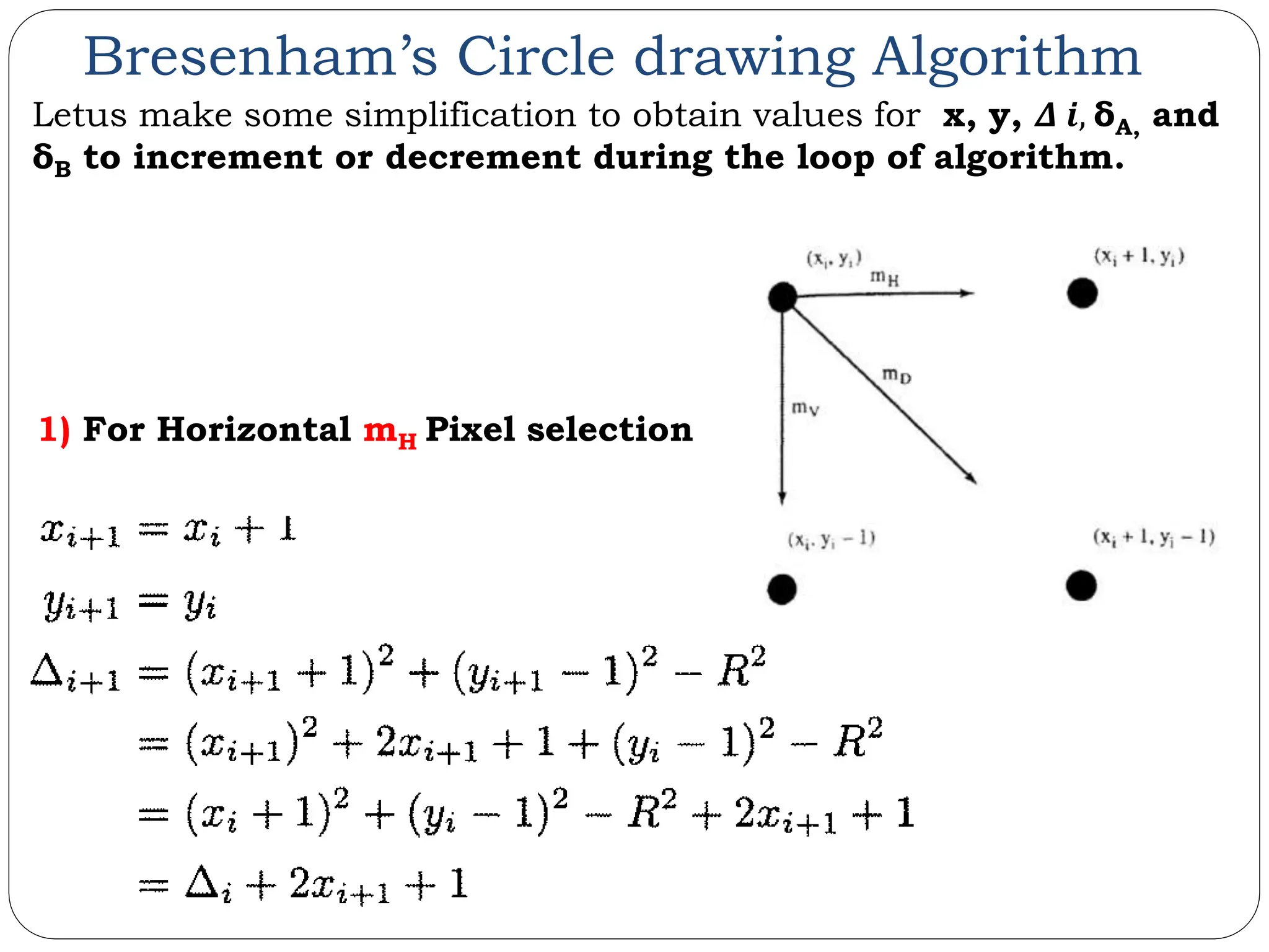 Bresenham’s Circle drawing Algorithm Letus make some simplification to obtain values for x, y, 𝜟 𝒊, δA, and δB to increment or decrement during the loop of algorithm. 1) For Horizontal mH Pixel selection 