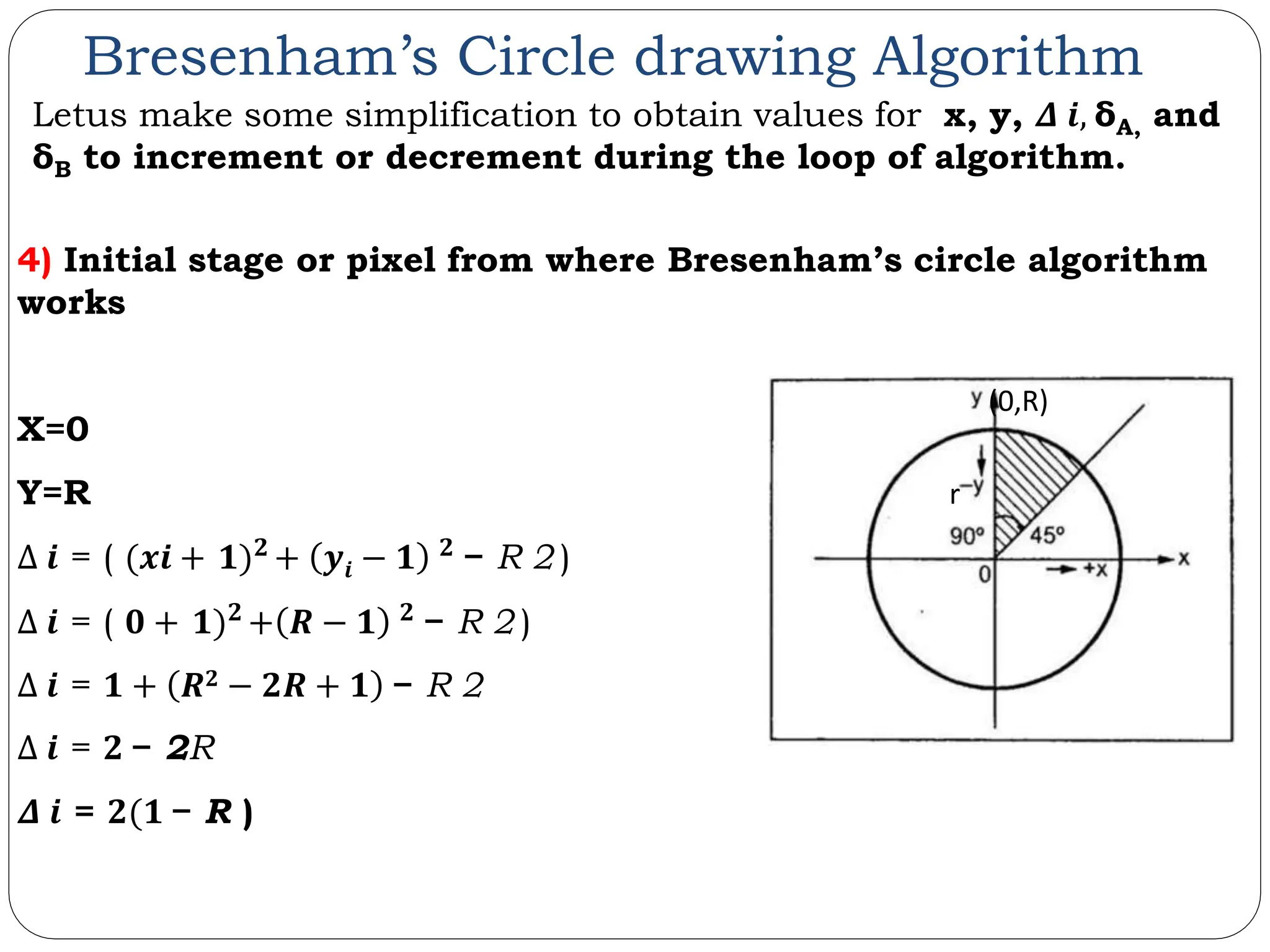 Bresenham’s Circle drawing Algorithm Letus make some simplification to obtain values for x, y, 𝜟 𝒊, δA, and δB to increment or decrement during the loop of algorithm. 4) Initial stage or pixel from where Bresenham’s circle algorithm works X=0 Y=R Δ 𝒊 = ( (𝒙𝒊 + 𝟏)𝟐 + 𝒚𝒊 − 𝟏 𝟐 − R 2 ) Δ 𝒊 = ( 𝟎 + 𝟏)𝟐 + 𝑹 − 𝟏 𝟐 − R 2 ) Δ 𝒊 = 𝟏 + 𝑹𝟐 − 𝟐𝑹 + 𝟏 − R 2 Δ 𝒊 = 𝟐 − 2R 𝜟 𝒊 = 𝟐(𝟏 − R ) r (0,R) 