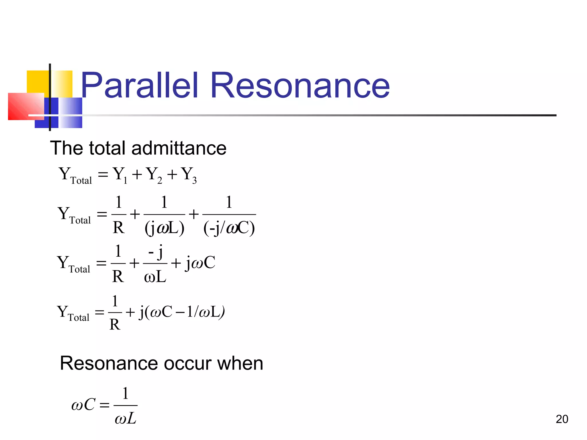 20
Parallel Resonance
The total admittance
ωL
ωC
1
=
Resonance occur when
)ωω L1/Cj(
R
1
YTotal −+=
321Total YYYY ++=
C)(-j/
1
L)(j
1
R
1
YTotal
ωω
++=
Cj
ωL
j-
R
1
YTotal ω++=
 
