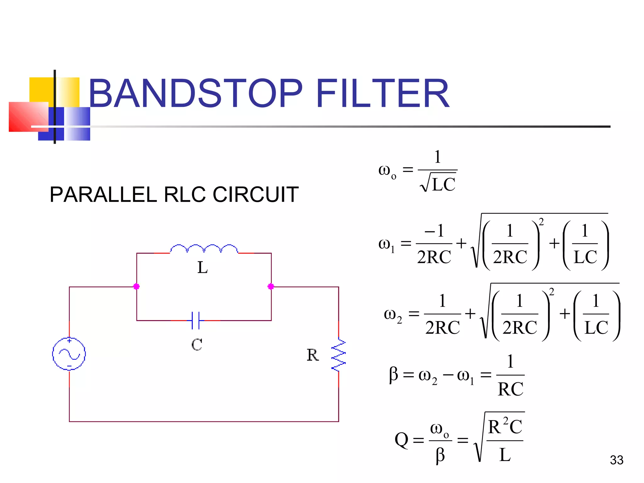 33
BANDSTOP FILTER






+





+
−
=
LC
1
2RC
1
2RC
1
ω
2
1
PARALLEL RLC CIRCUIT
LC
1
ωo =
L
CR
β
ω
Q
2
o
==
RC
1
ωωβ 12 =−=






+





+=
LC
1
2RC
1
2RC
1
ω
2
2
 