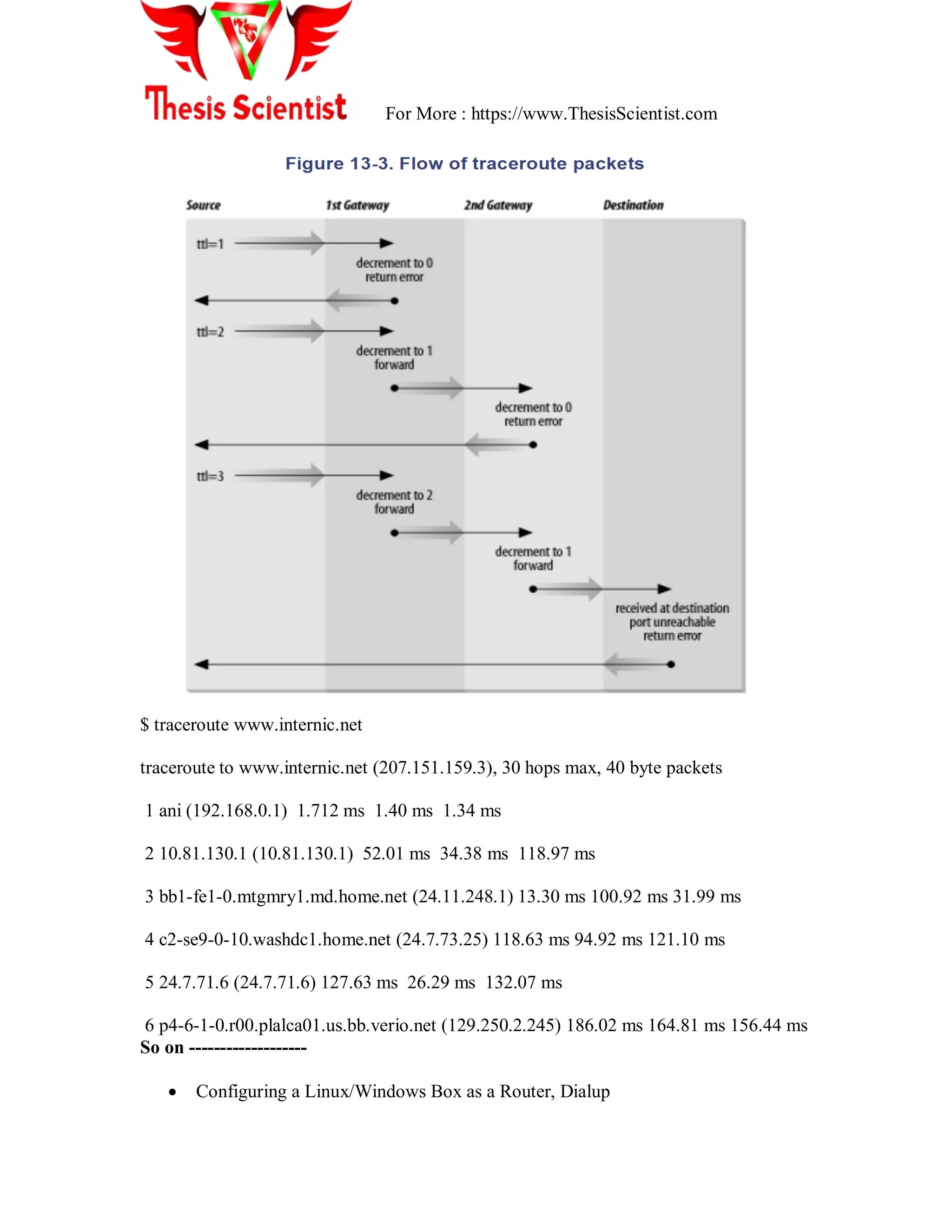 For More : https://www.ThesisScientist.com
$ traceroute www.internic.net
traceroute to www.internic.net (207.151.159.3), 30 hops max, 40 byte packets
1 ani (192.168.0.1) 1.712 ms 1.40 ms 1.34 ms
2 10.81.130.1 (10.81.130.1) 52.01 ms 34.38 ms 118.97 ms
3 bb1-fe1-0.mtgmry1.md.home.net (24.11.248.1) 13.30 ms 100.92 ms 31.99 ms
4 c2-se9-0-10.washdc1.home.net (24.7.73.25) 118.63 ms 94.92 ms 121.10 ms
5 24.7.71.6 (24.7.71.6) 127.63 ms 26.29 ms 132.07 ms
6 p4-6-1-0.r00.plalca01.us.bb.verio.net (129.250.2.245) 186.02 ms 164.81 ms 156.44 ms
So on -------------------
 Configuring a Linux/Windows Box as a Router, Dialup
 