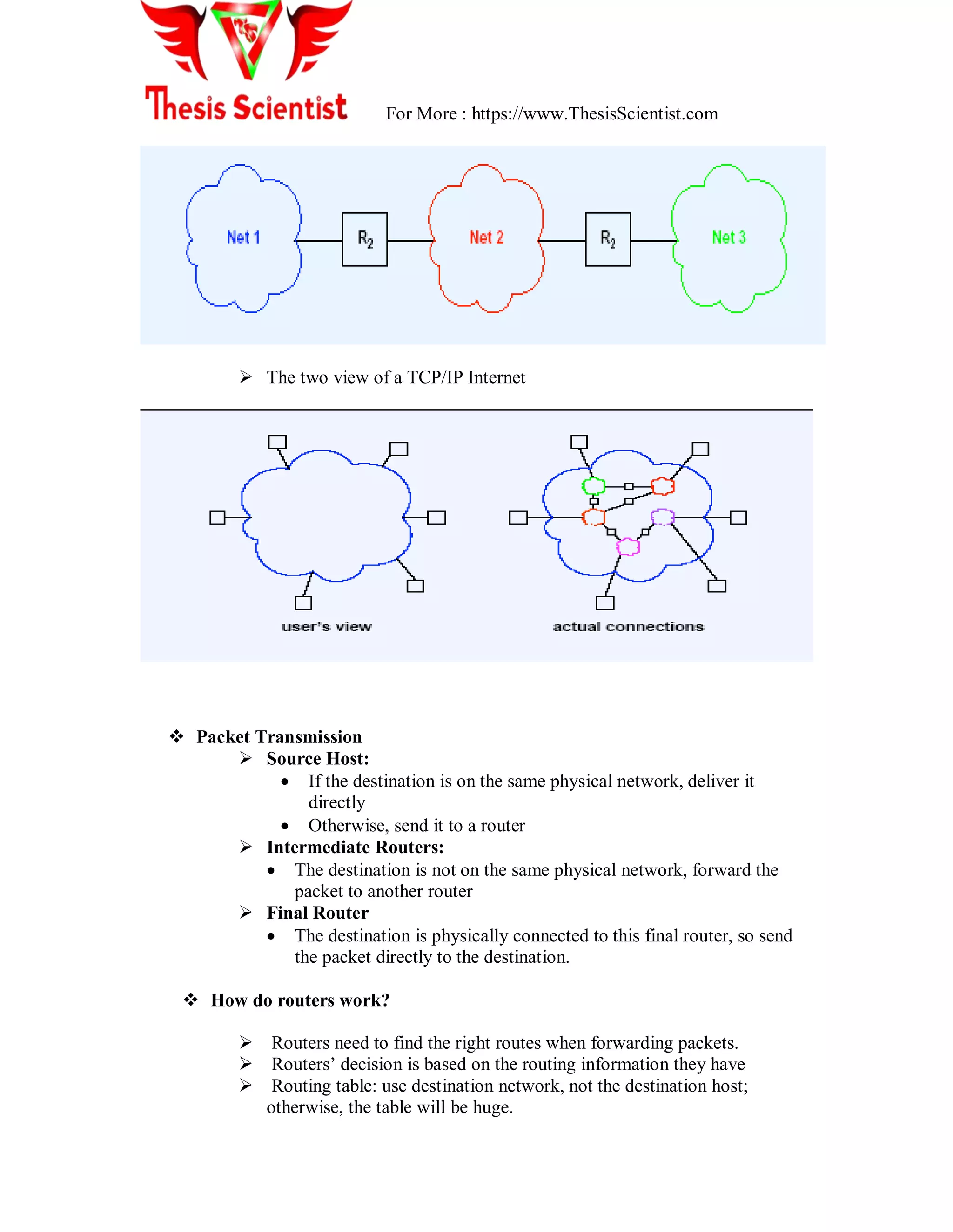 For More : https://www.ThesisScientist.com
 The two view of a TCP/IP Internet
 Packet Transmission
 Source Host:
 If the destination is on the same physical network, deliver it
directly
 Otherwise, send it to a router
 Intermediate Routers:
 The destination is not on the same physical network, forward the
packet to another router
 Final Router
 The destination is physically connected to this final router, so send
the packet directly to the destination.
 How do routers work?
 Routers need to find the right routes when forwarding packets.
 Routers‘ decision is based on the routing information they have
 Routing table: use destination network, not the destination host;
otherwise, the table will be huge.
 