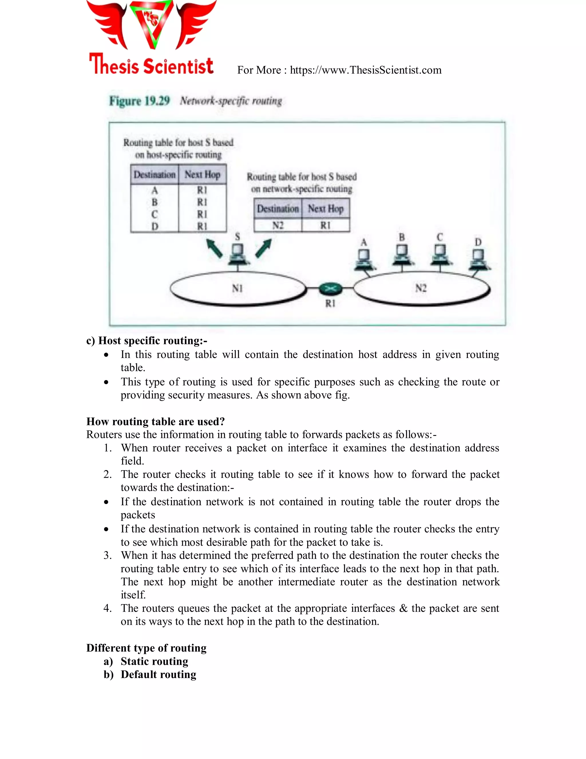 For More : https://www.ThesisScientist.com
c) Host specific routing:-
 In this routing table will contain the destination host address in given routing
table.
 This type of routing is used for specific purposes such as checking the route or
providing security measures. As shown above fig.
How routing table are used?
Routers use the information in routing table to forwards packets as follows:-
1. When router receives a packet on interface it examines the destination address
field.
2. The router checks it routing table to see if it knows how to forward the packet
towards the destination:-
 If the destination network is not contained in routing table the router drops the
packets
 If the destination network is contained in routing table the router checks the entry
to see which most desirable path for the packet to take is.
3. When it has determined the preferred path to the destination the router checks the
routing table entry to see which of its interface leads to the next hop in that path.
The next hop might be another intermediate router as the destination network
itself.
4. The routers queues the packet at the appropriate interfaces & the packet are sent
on its ways to the next hop in the path to the destination.
Different type of routing
a) Static routing
b) Default routing
 
